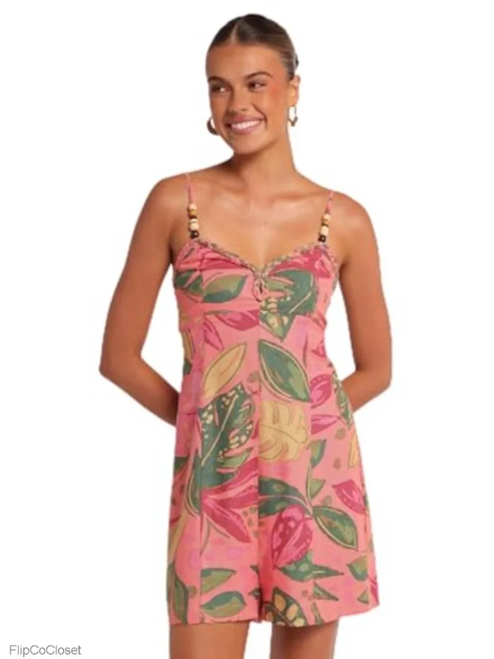 Linen Blend Tropical Romper Sweetheart Neckline Beaded Straps
